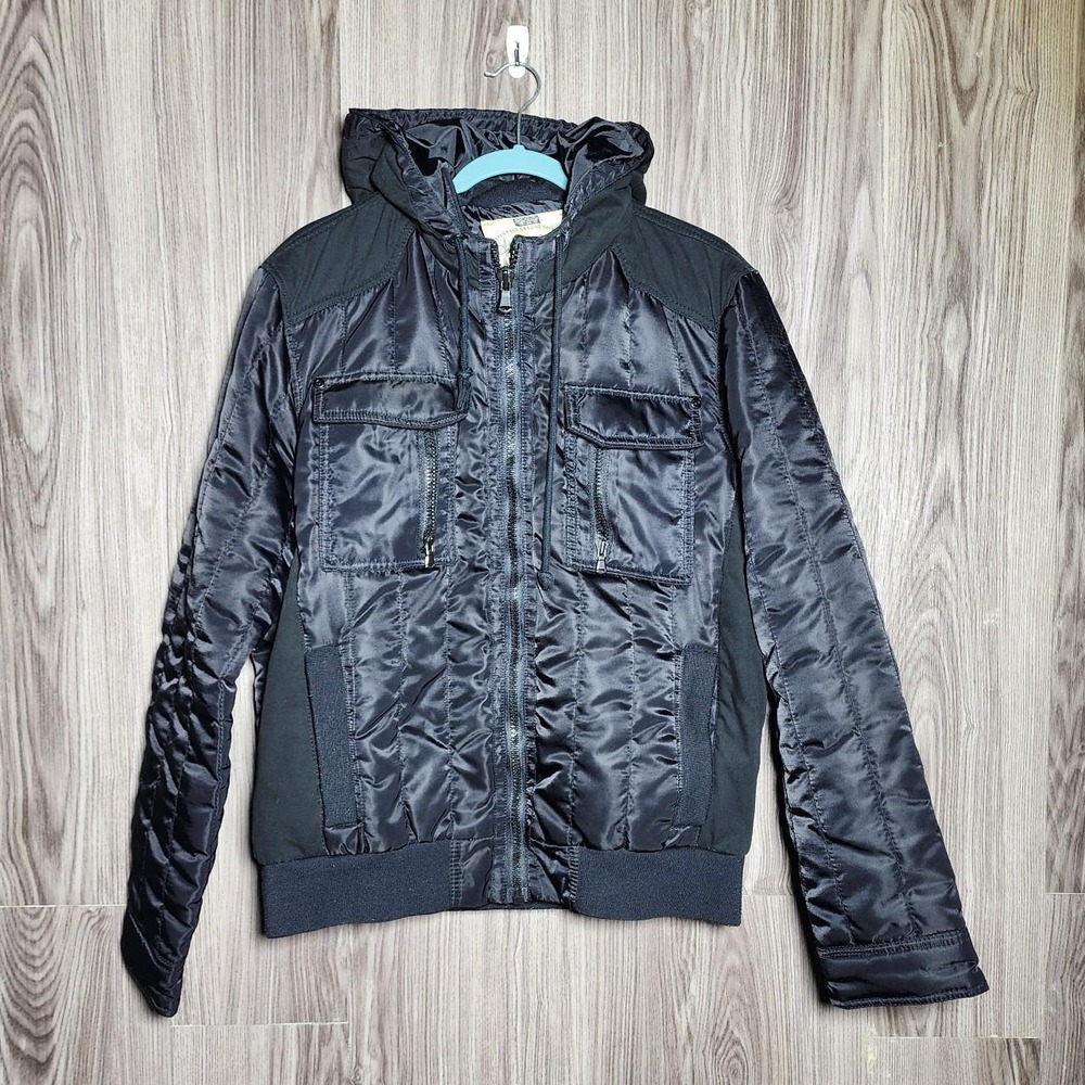 American Rag Mens Black Quilted Hooded Bomber Jacket‎ Full Zip Pockets Large